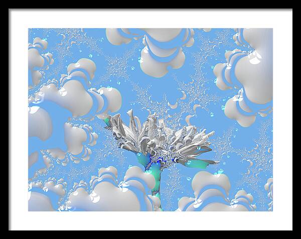 White Flowers with Bubbly Whites, Teals and Blues 1 - Framed Print