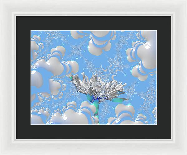 White Flowers with Bubbly Whites, Teals and Blues 1 - Framed Print