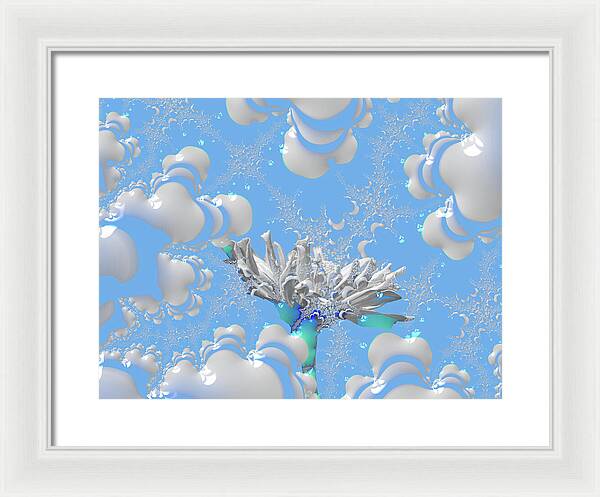 White Flowers with Bubbly Whites, Teals and Blues 1 - Framed Print