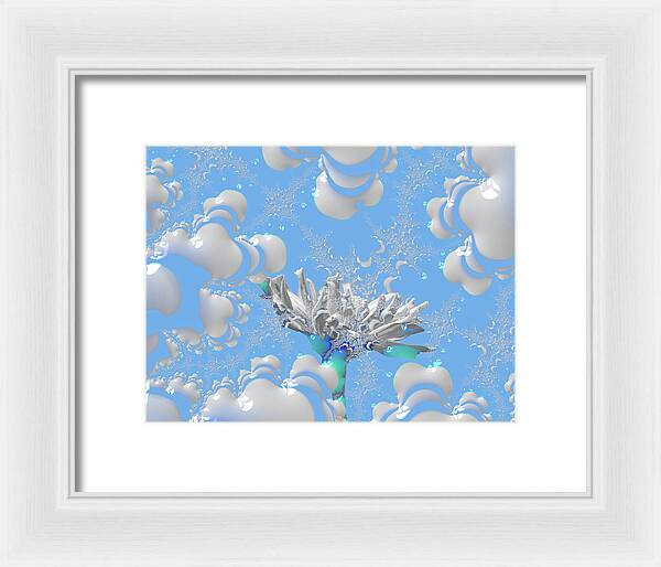 White Flowers with Bubbly Whites, Teals and Blues 1 - Framed Print