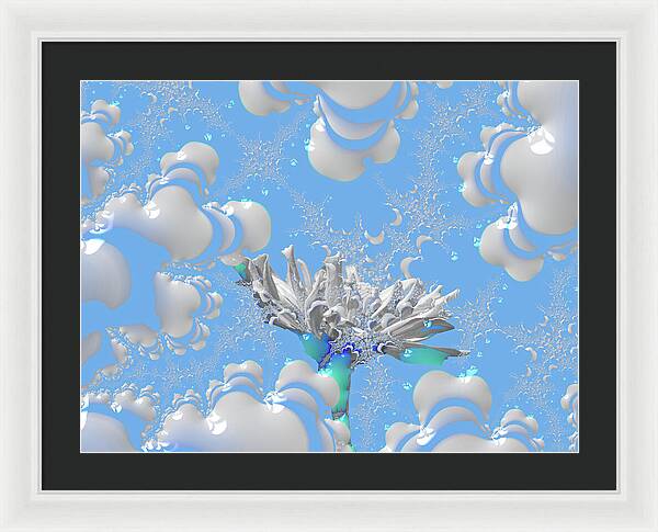 White Flowers with Bubbly Whites, Teals and Blues 1 - Framed Print