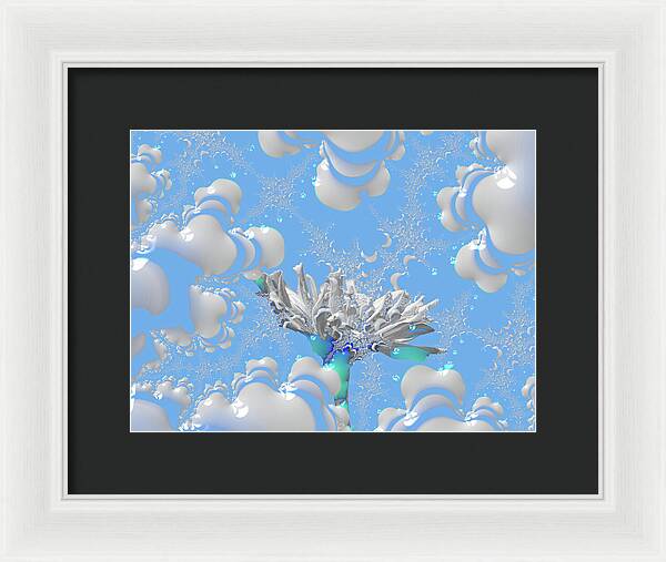 White Flowers with Bubbly Whites, Teals and Blues 1 - Framed Print
