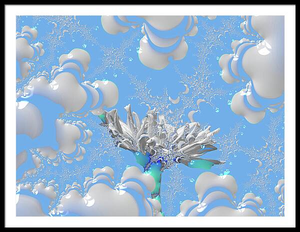 White Flowers with Bubbly Whites, Teals and Blues 1 - Framed Print