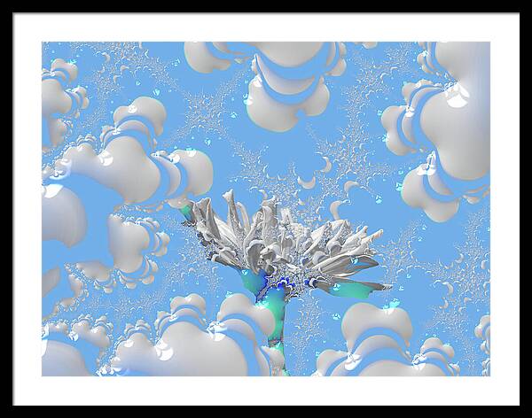 White Flowers with Bubbly Whites, Teals and Blues 1 - Framed Print