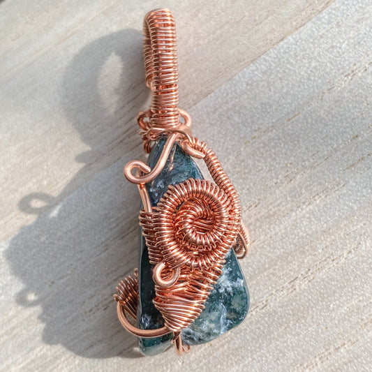 Abundance in New Beginnings Moss Agate Copper Wire wrapped Pendant