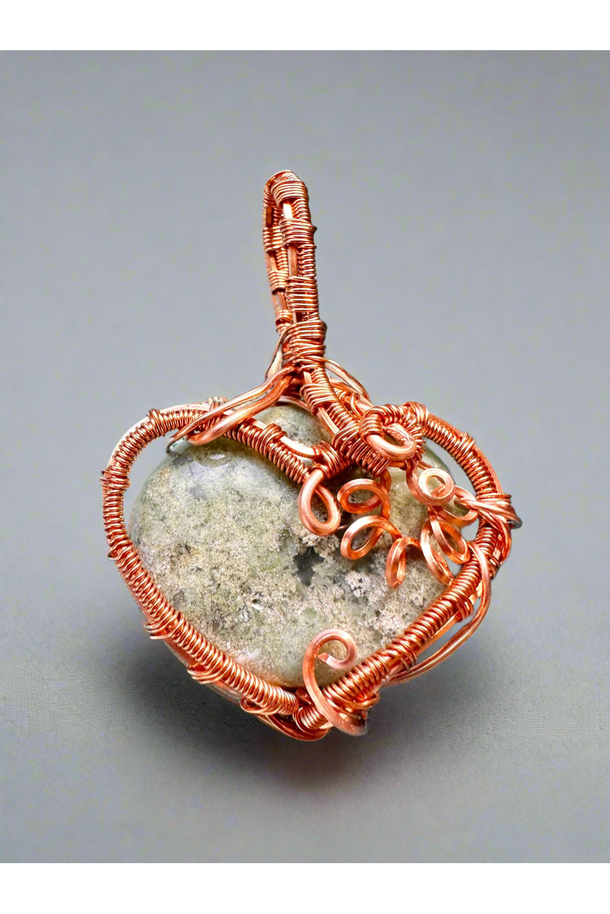 New Begginings Moss Agate Pendant Copper Weaved