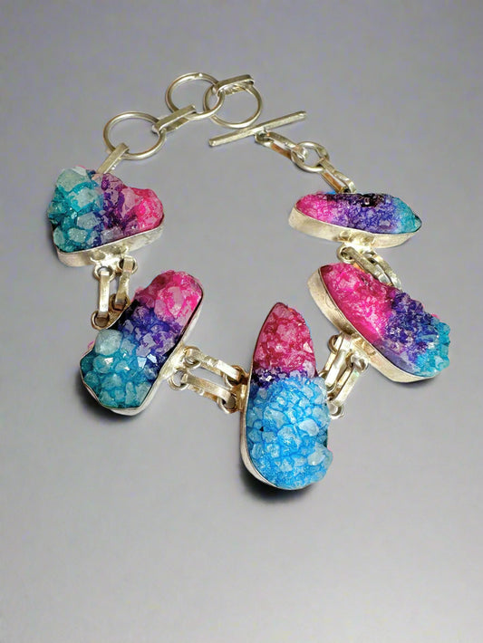 Colorful Druzy Quartz Silver Bracelet