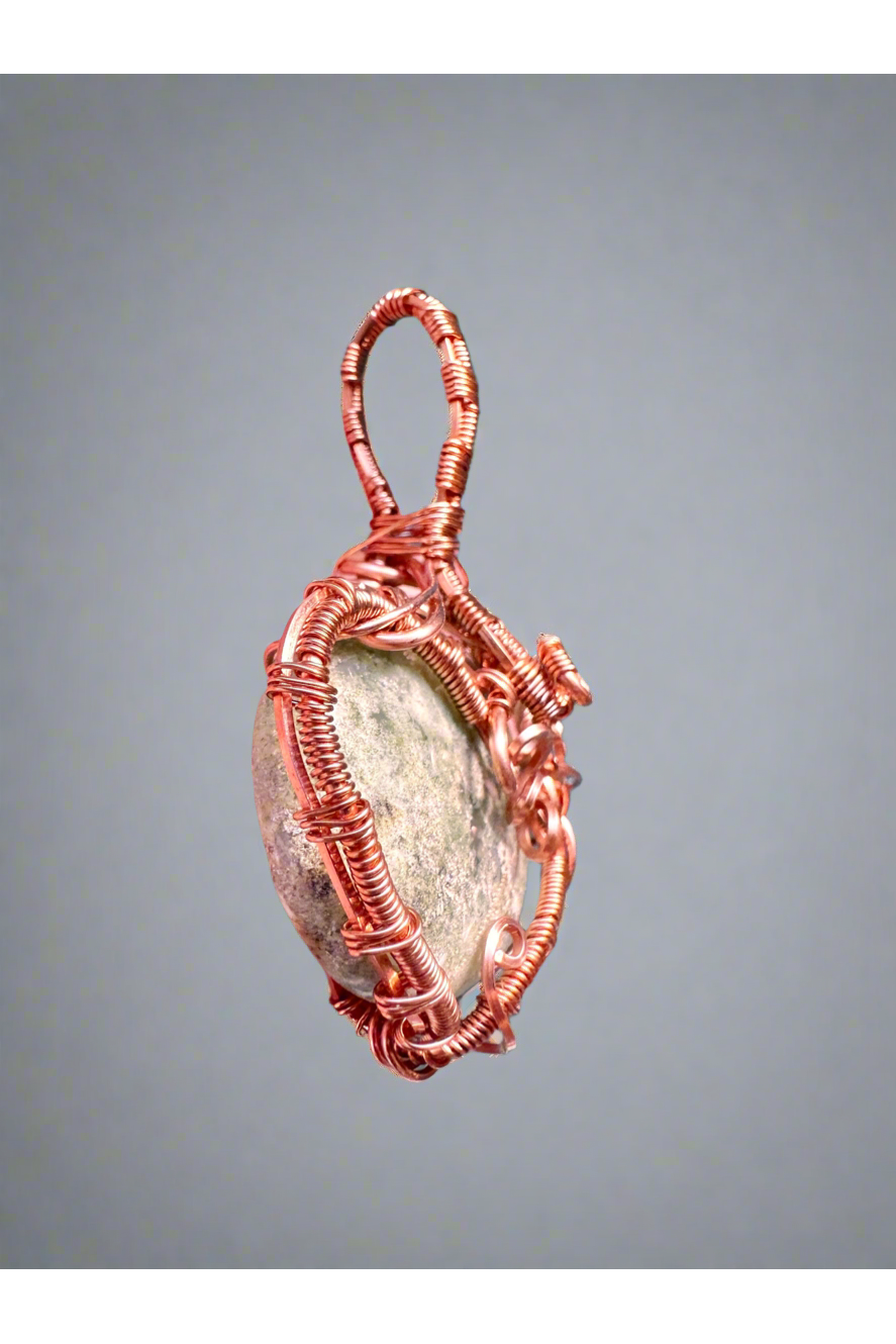 New Begginings Moss Agate Pendant Copper Weaved