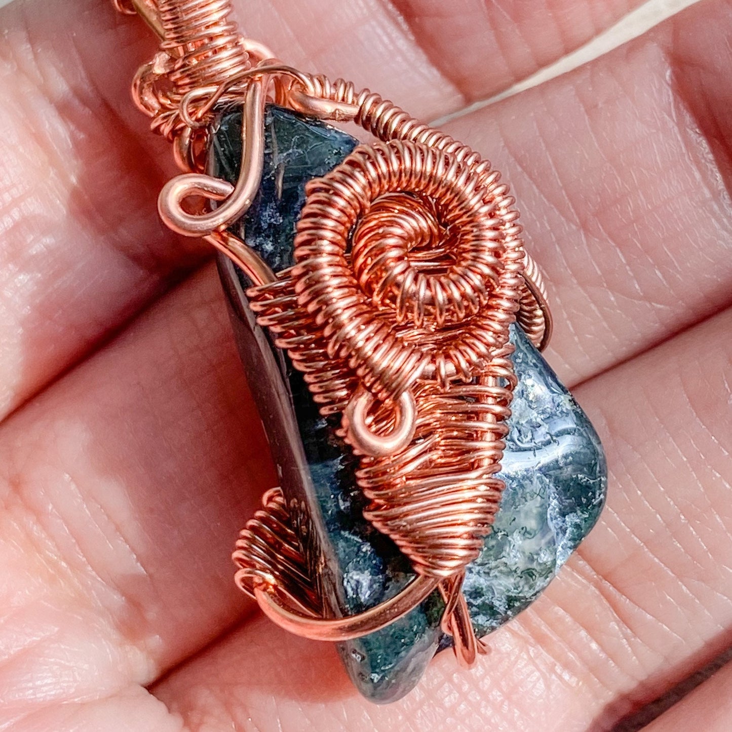 Abundance in New Beginnings Moss Agate Copper Wire wrapped Pendant