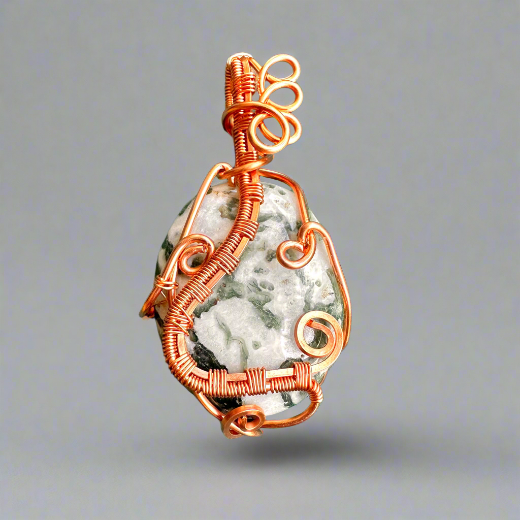 New Beginnings Moss Agate Copper Weaved Pendant
