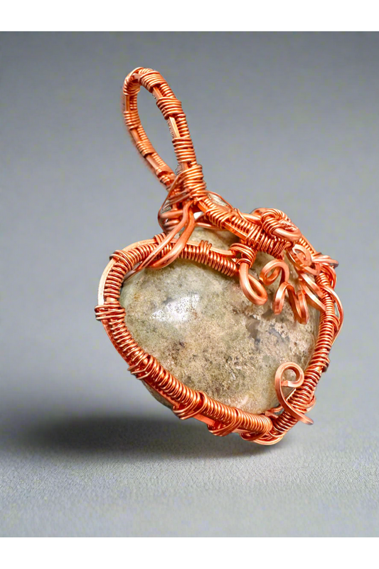 New Begginings Moss Agate Pendant Copper Weaved