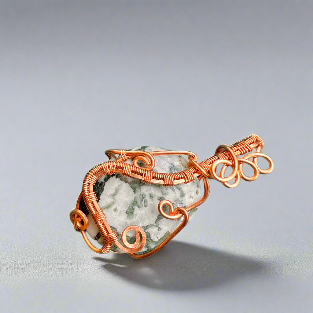 New Beginnings Moss Agate Copper Weaved Pendant
