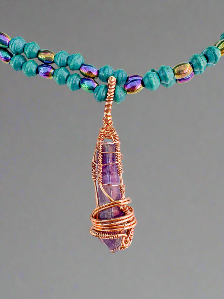 Copper Wrapped Amethyst and Wood and Hematite Beaded Necklace