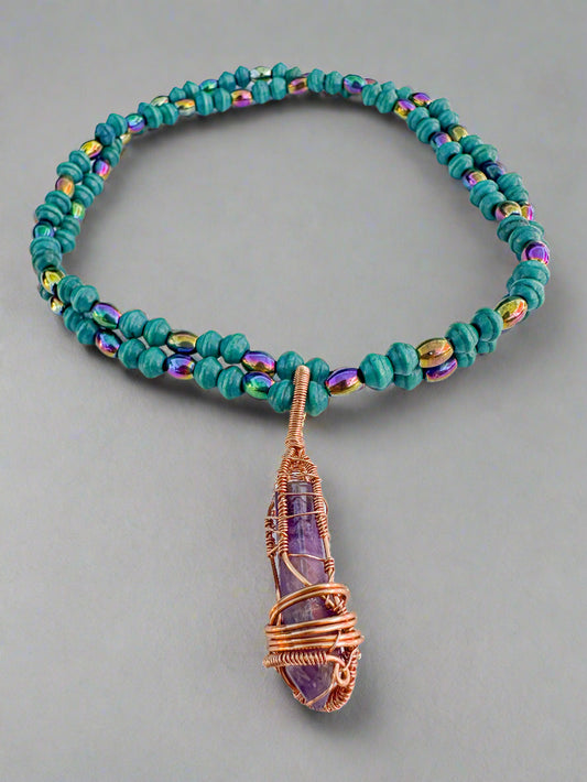 Copper Wrapped Amethyst and Wood and Hematite Beaded Necklace