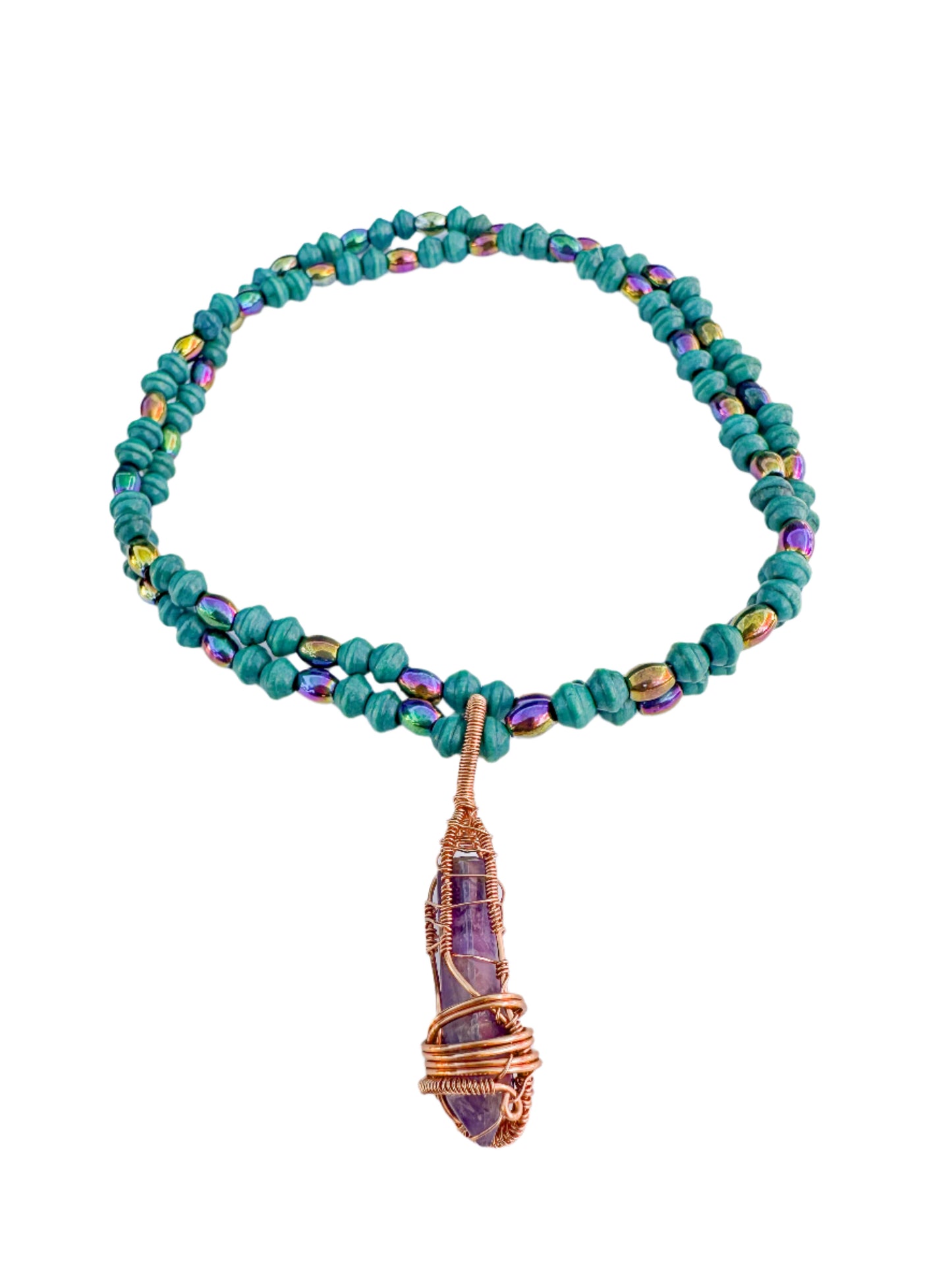 Copper Wrapped Amethyst and Wood and Hematite Beaded Necklace