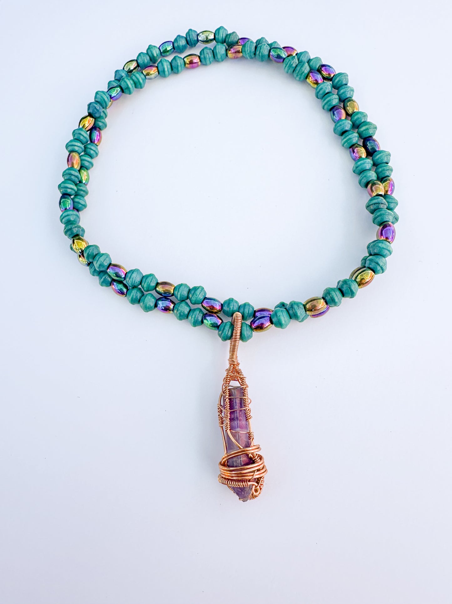 Copper Wrapped Amethyst and Wood and Hematite Beaded Necklace
