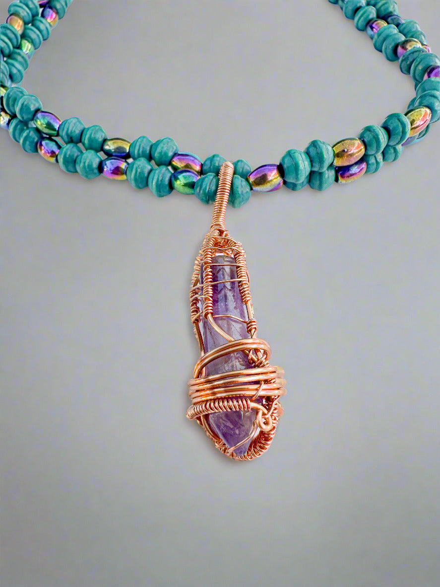 Copper Wrapped Amethyst and Wood and Hematite Beaded Necklace