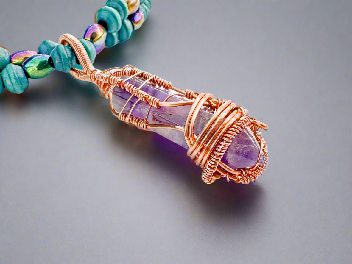 Copper Wrapped Amethyst and Wood and Hematite Beaded Necklace