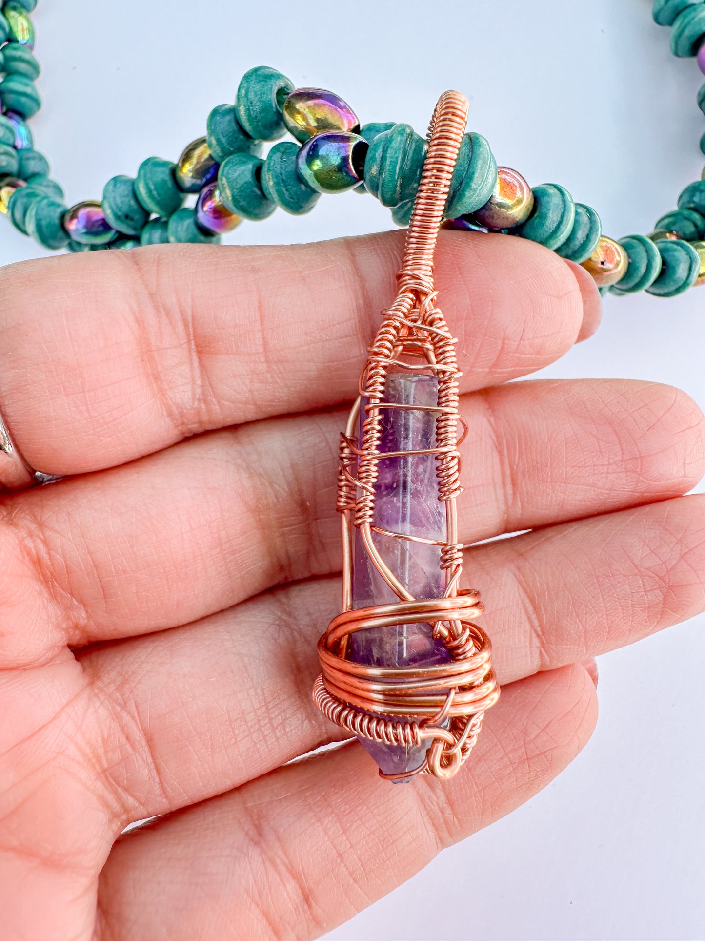 Copper Wrapped Amethyst and Wood and Hematite Beaded Necklace