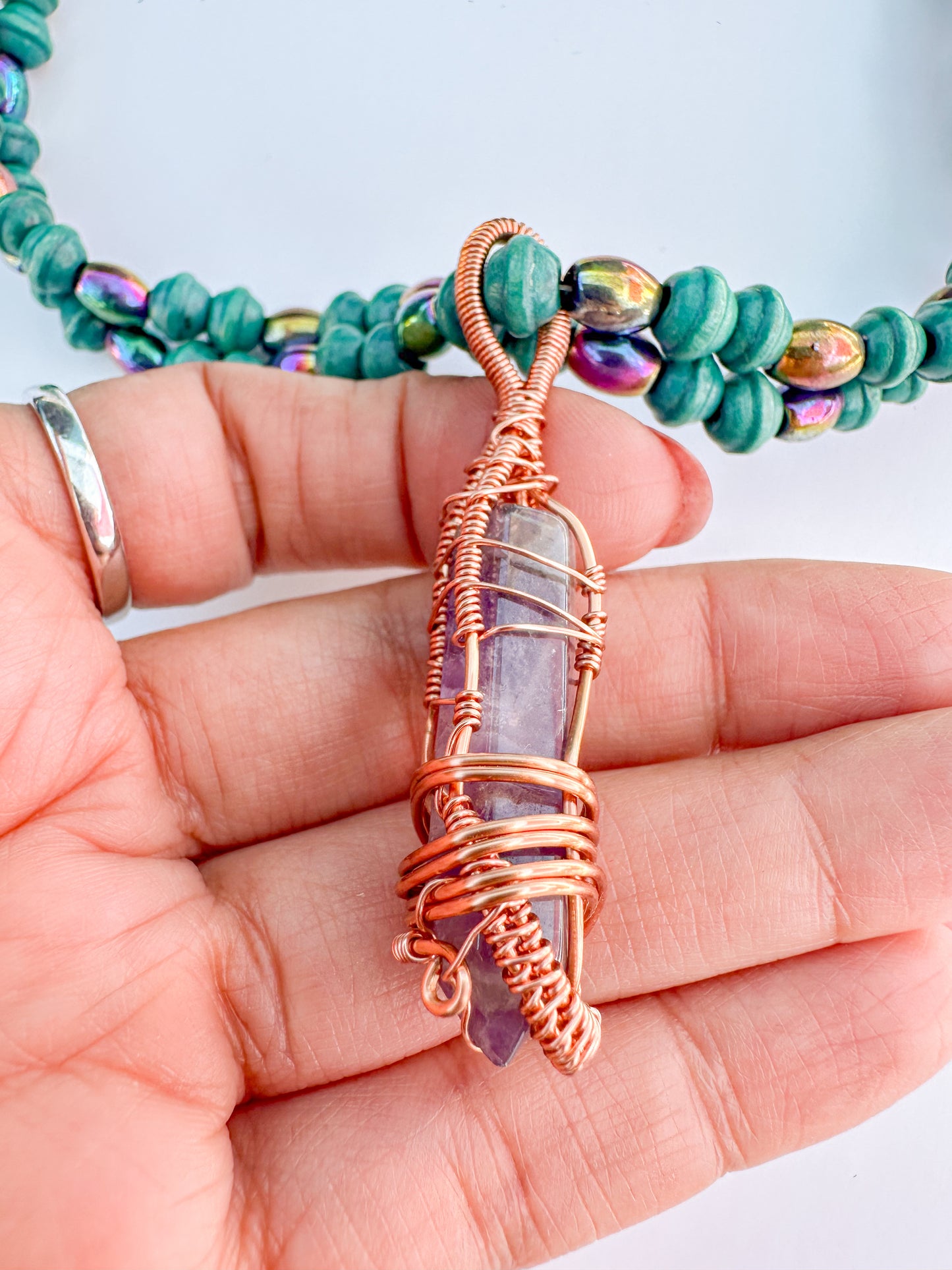 Copper Wrapped Amethyst and Wood and Hematite Beaded Necklace
