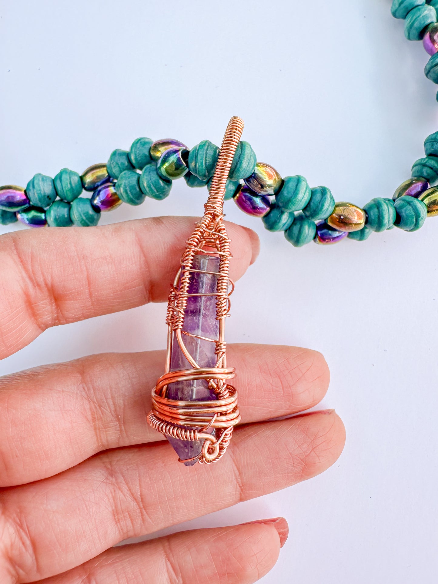 Copper Wrapped Amethyst and Wood and Hematite Beaded Necklace