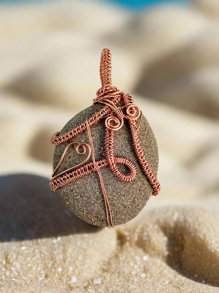 Connect and Ground Pendant Copper Wrapped Beach Stone