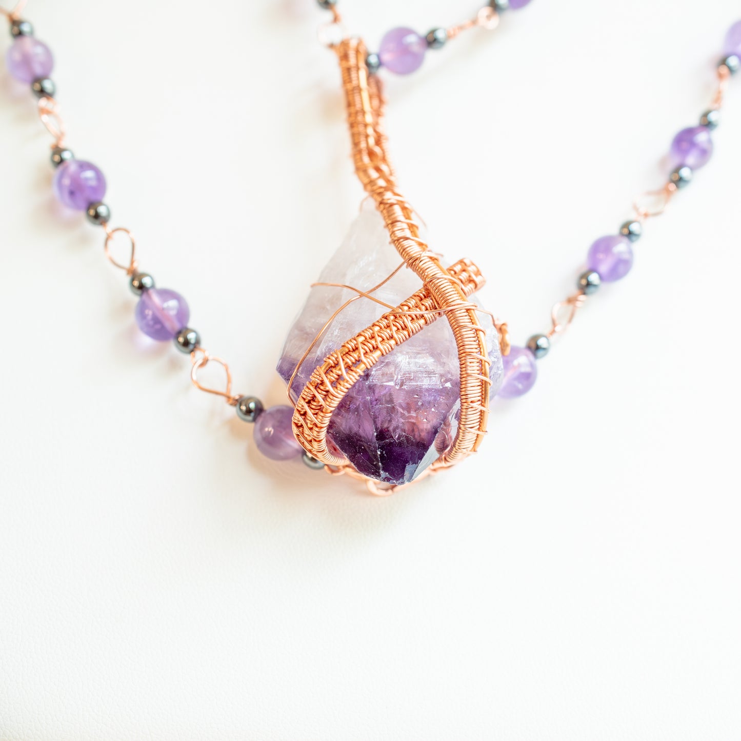 Amethyst Crystal Copper Wrapped and Beaded Necklace