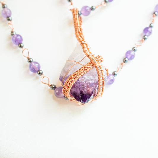 Amethyst Crystal Copper Wrapped and Beaded Necklace