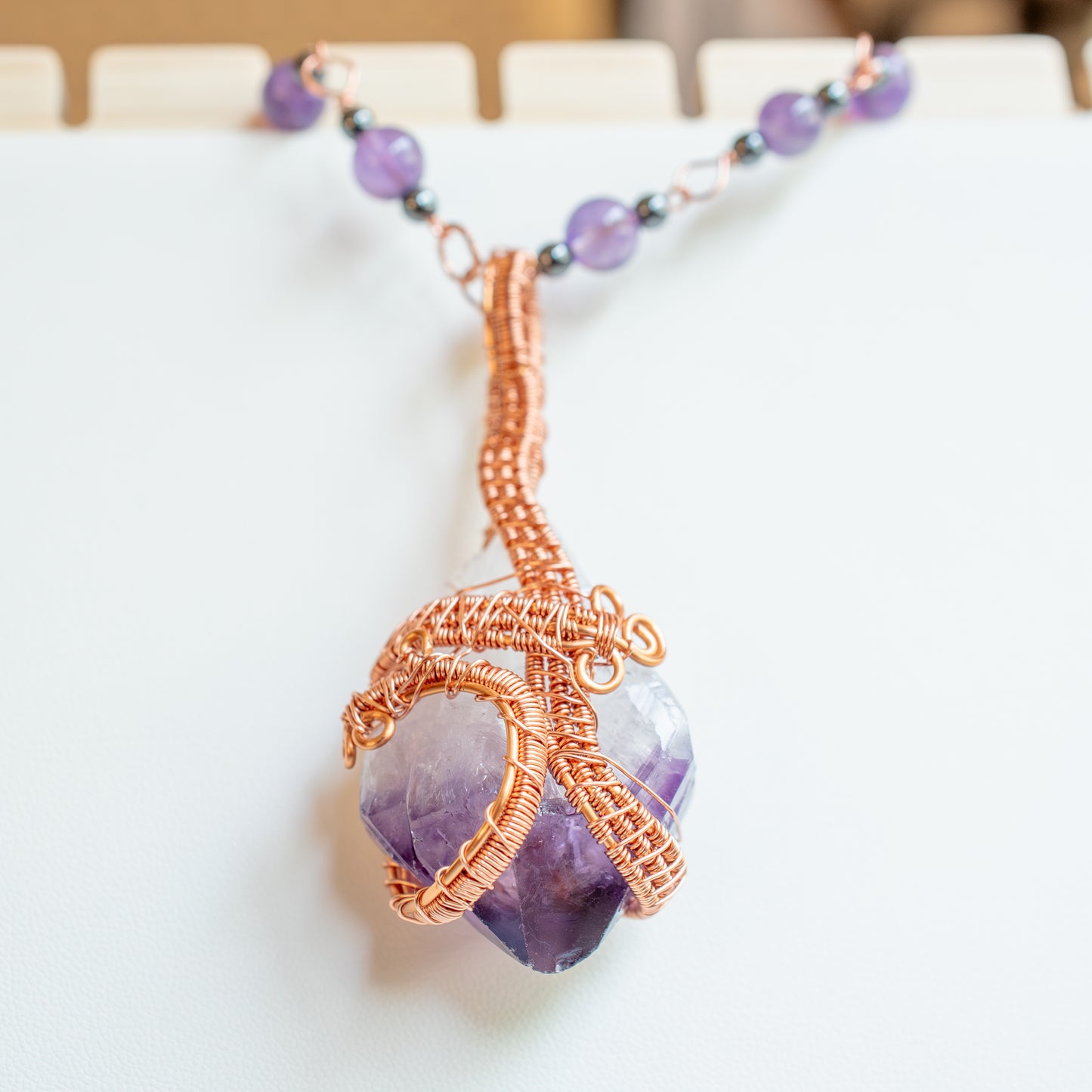 Amethyst Crystal Copper Wrapped and Beaded Necklace