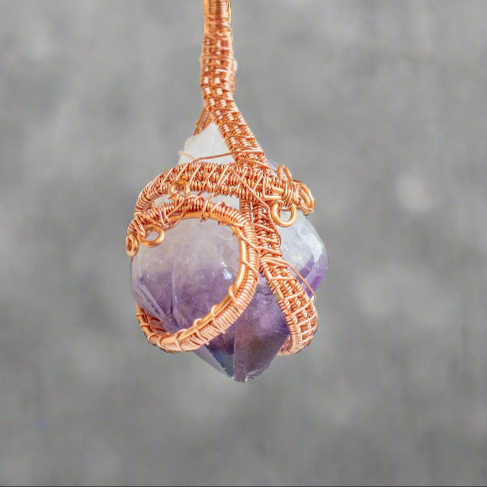 Amethyst Crystal Copper Wrapped and Beaded Necklace