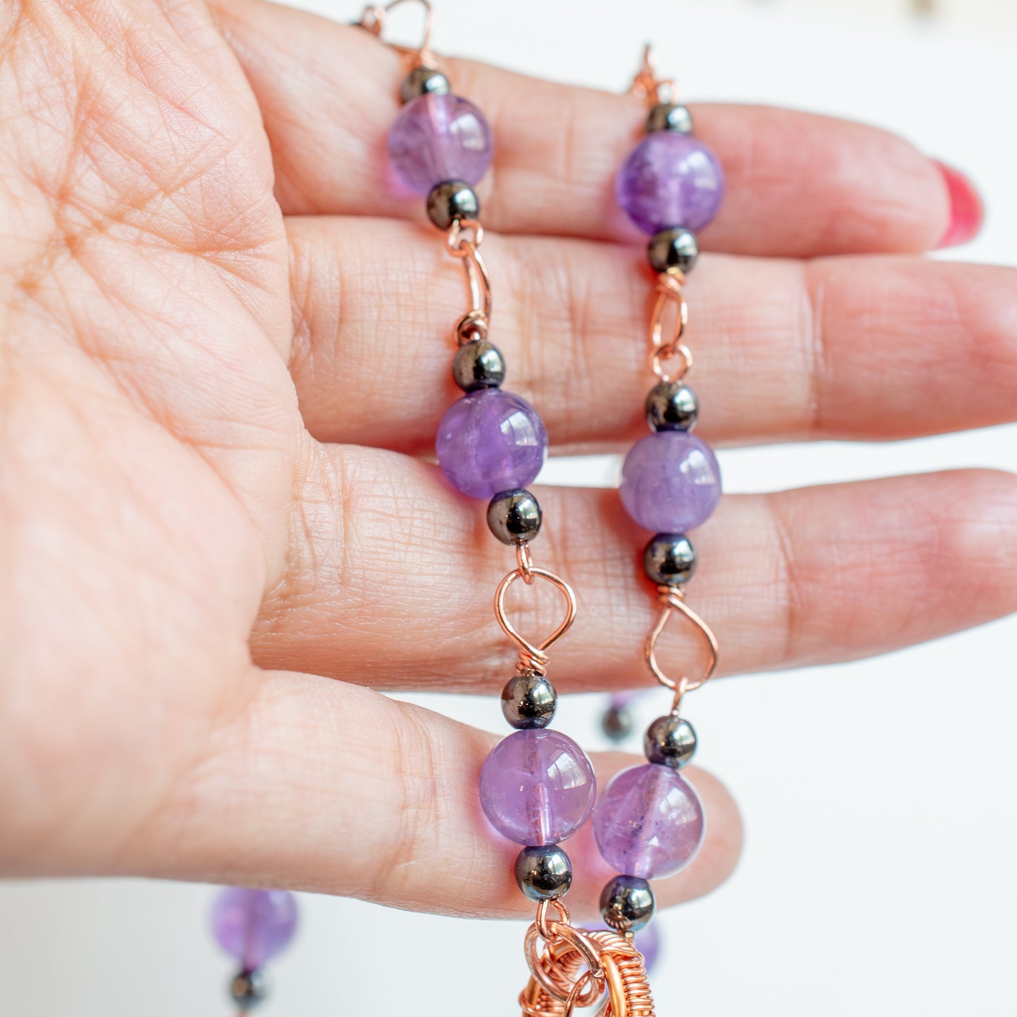 Amethyst Crystal Copper Wrapped and Beaded Necklace