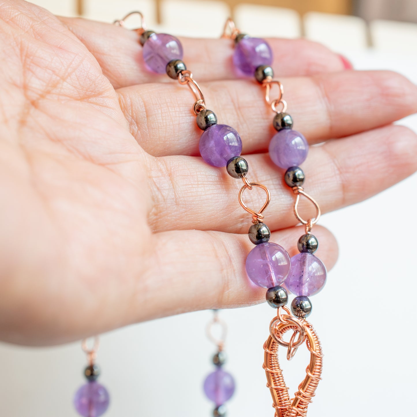 Amethyst Crystal Copper Wrapped and Beaded Necklace