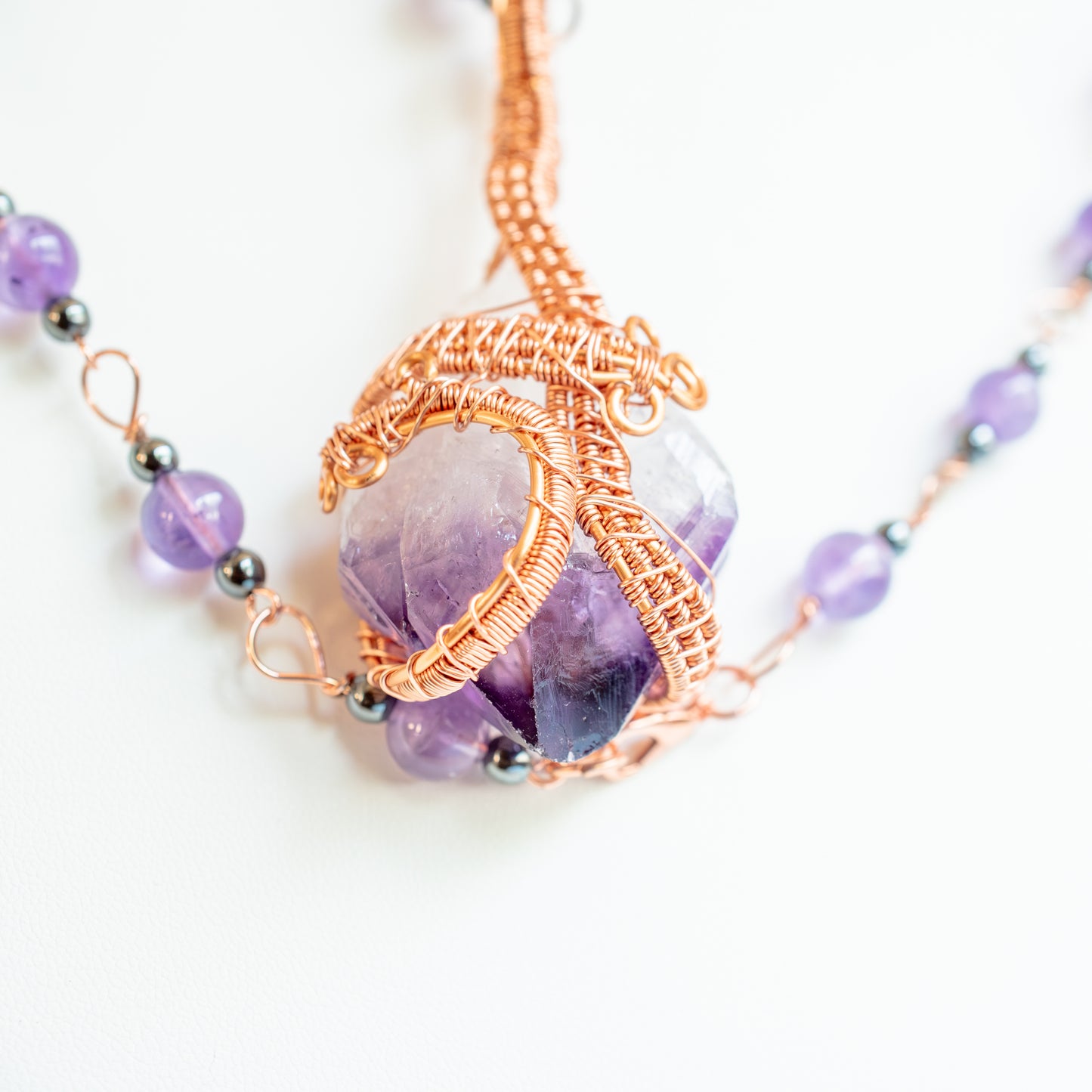 Amethyst Crystal Copper Wrapped and Beaded Necklace