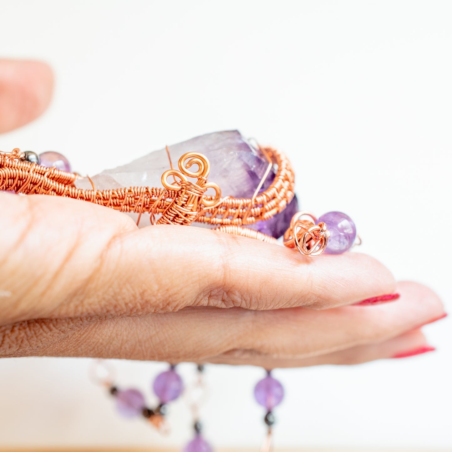 Amethyst Crystal Copper Wrapped and Beaded Necklace