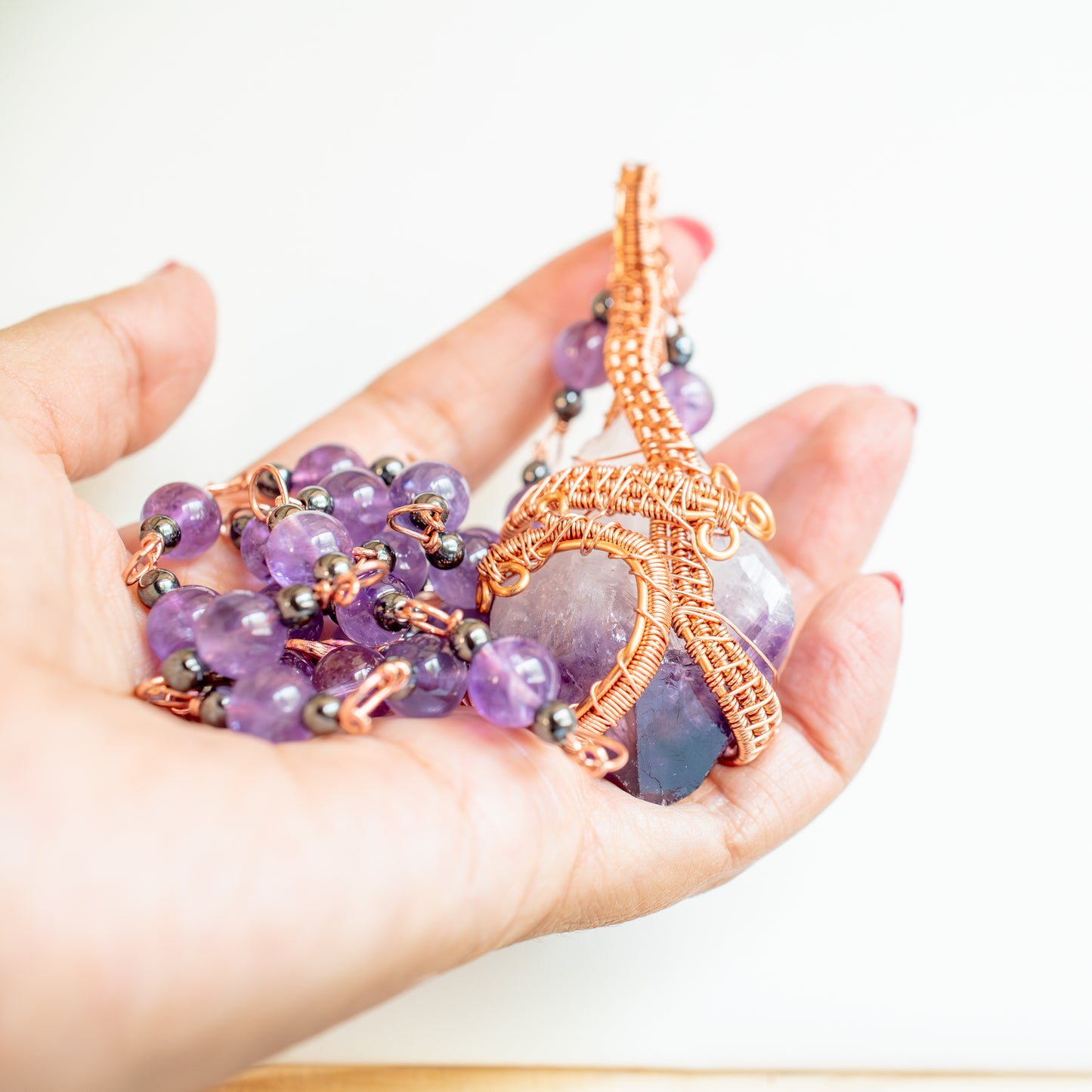Amethyst Crystal Copper Wrapped and Beaded Necklace