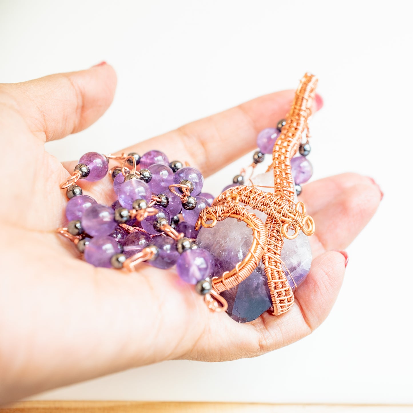 Amethyst Crystal Copper Wrapped and Beaded Necklace