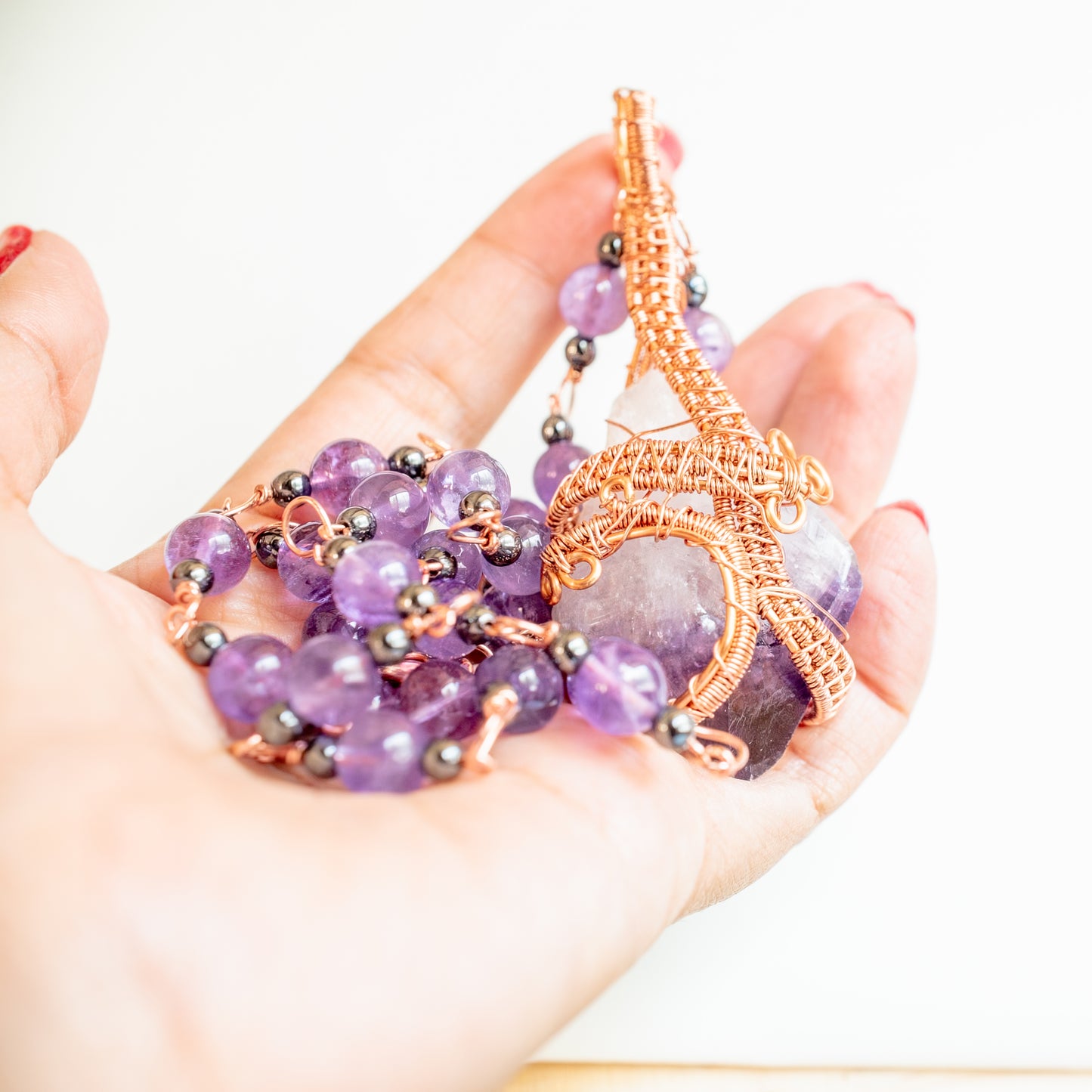 Amethyst Crystal Copper Wrapped and Beaded Necklace