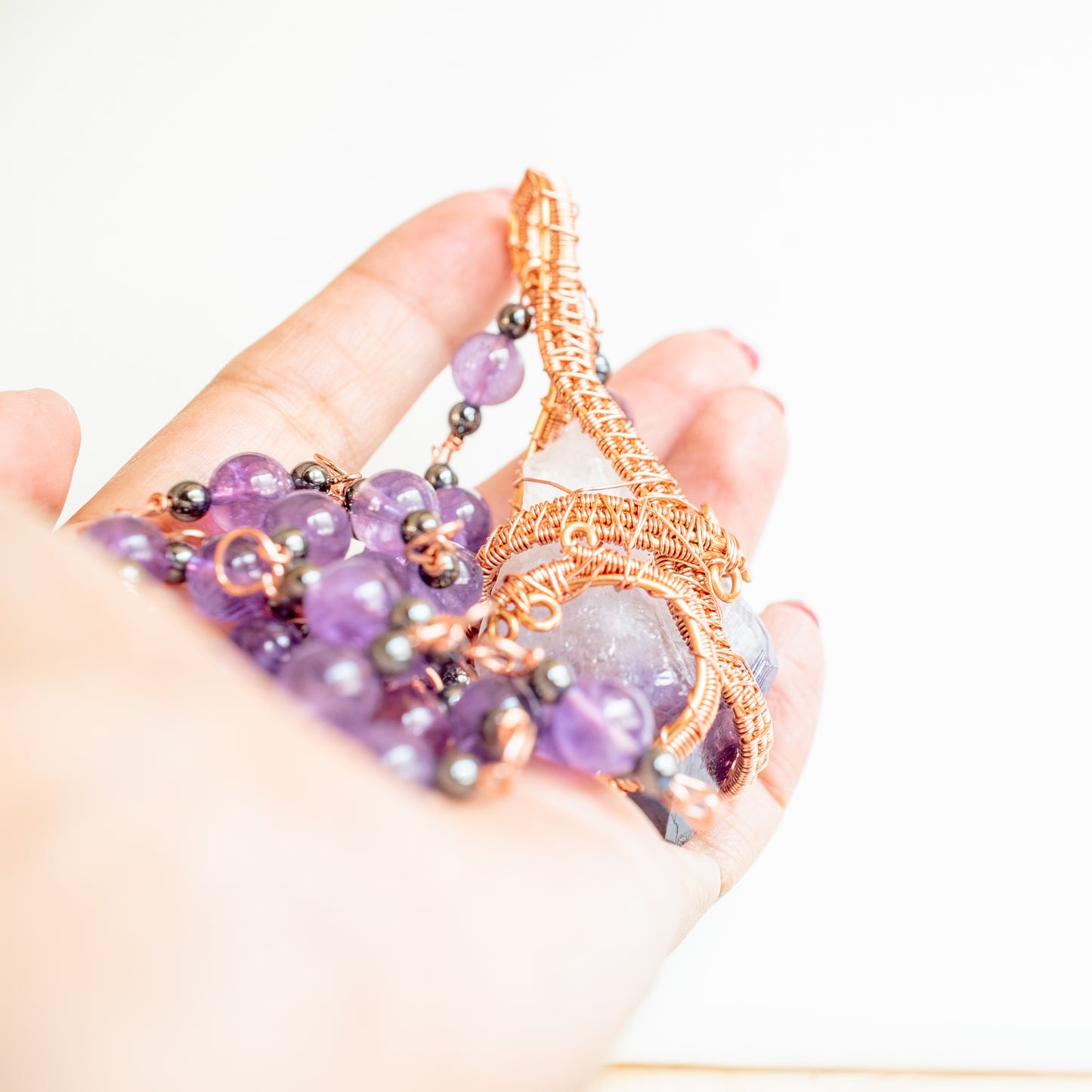 Amethyst Crystal Copper Wrapped and Beaded Necklace