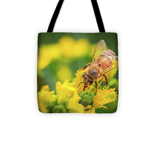 Bee Collecting Pollen on a Flower - Tote Bag