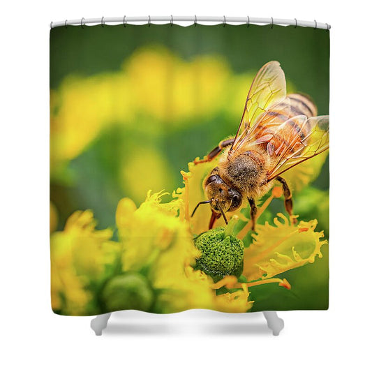 Bee Collecting Pollen on a Flower - Shower Curtain