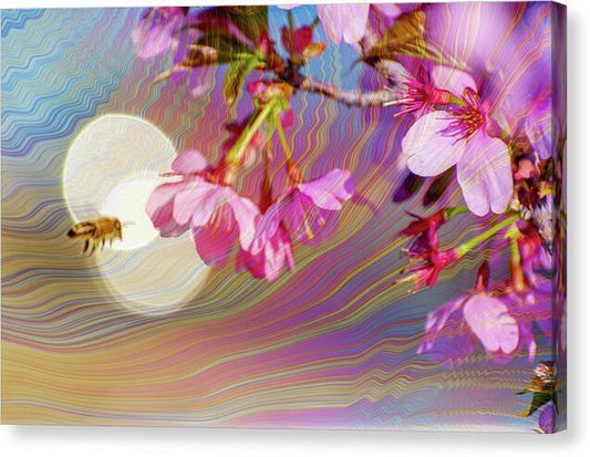 Bee Flying into a Flower with an Orb and Colorful Overlay - Canvas Print