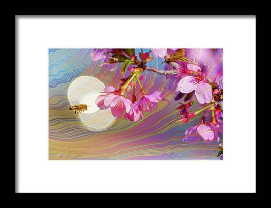 Bee Flying into a Flower with an Orb and Colorful Overlay - Framed Print