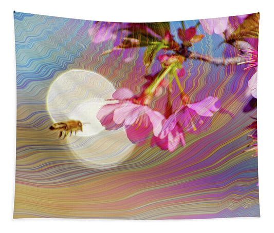 Bee Flying into a Flower with an Orb and Colorful Overlay - Tapestry