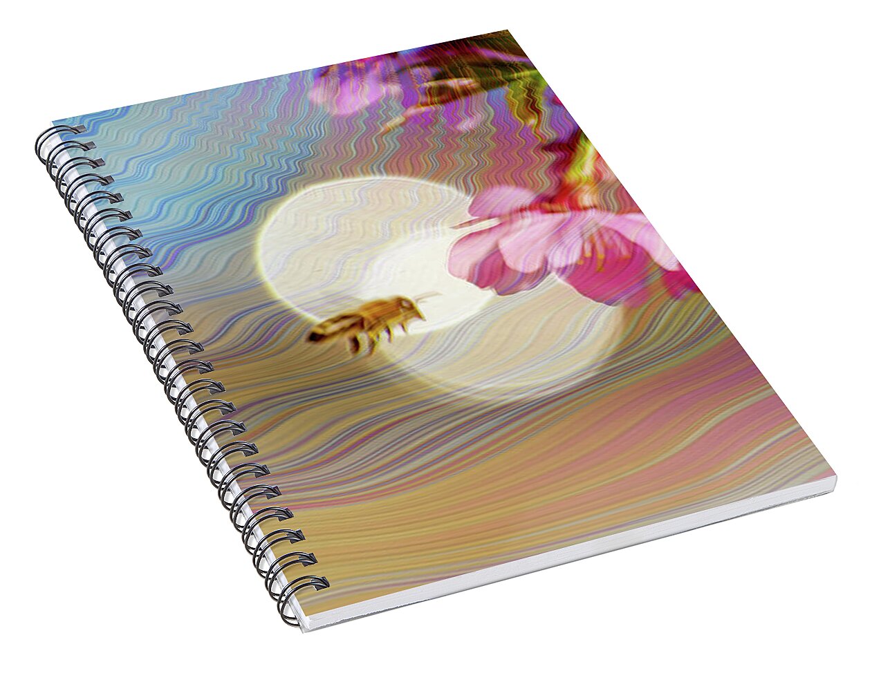 Bee Flying into a Flower with an Orb and Colorful Overlay - Spiral Notebook