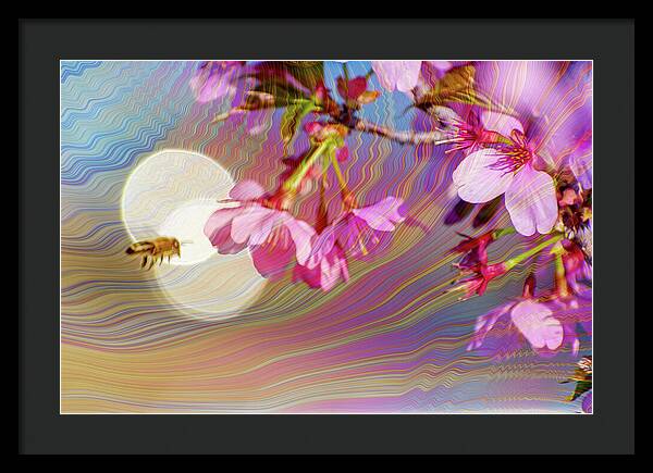 Bee Flying into a Flower with an Orb and Colorful Overlay - Framed Print