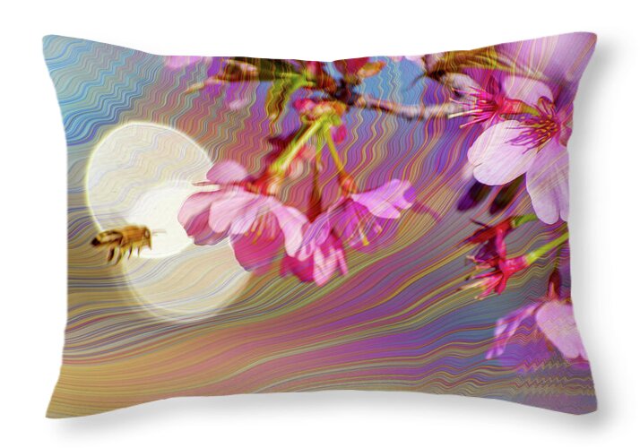 Bee Flying into a Flower with an Orb and Colorful Overlay - Throw Pillow