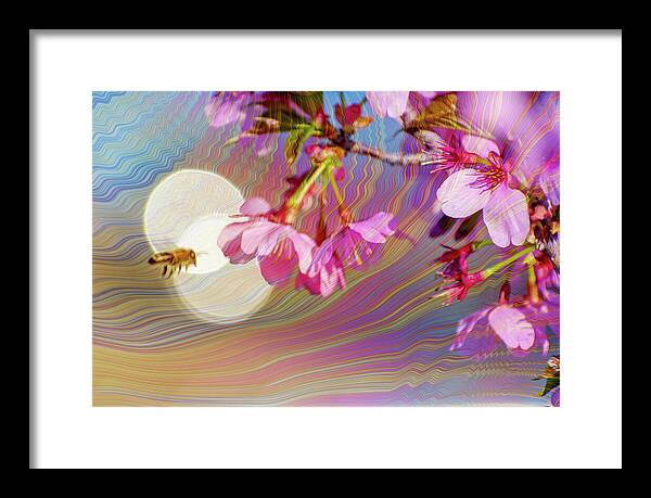Bee Flying into a Flower with an Orb and Colorful Overlay - Framed Print
