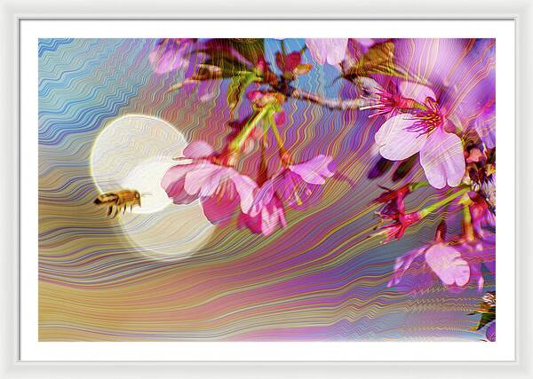 Bee Flying into a Flower with an Orb and Colorful Overlay - Framed Print