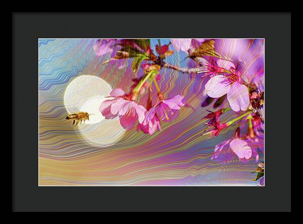 Bee Flying into a Flower with an Orb and Colorful Overlay - Framed Print