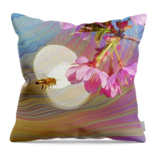 Bee Flying into a Flower with an Orb and Colorful Overlay - Throw Pillow